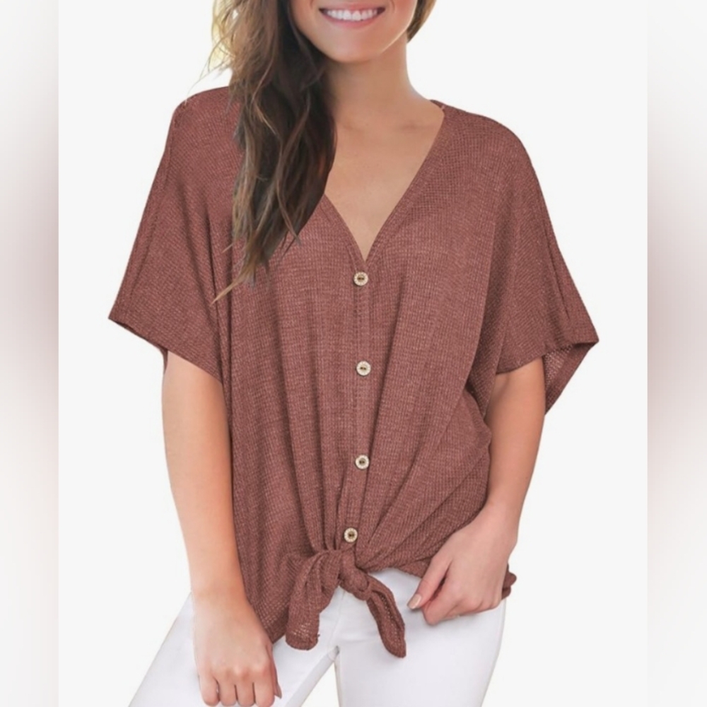Miholl Short-Sleeve Button-Down Loose Waffle Tee sz M